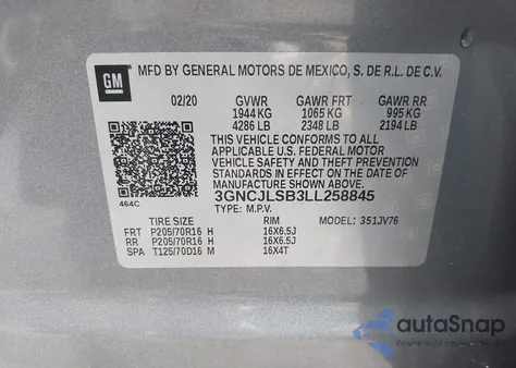 2020 Chevrolet Trax 1Lt z USA, uszkodzony, nr VIN 3GNCJLSB3LL258845